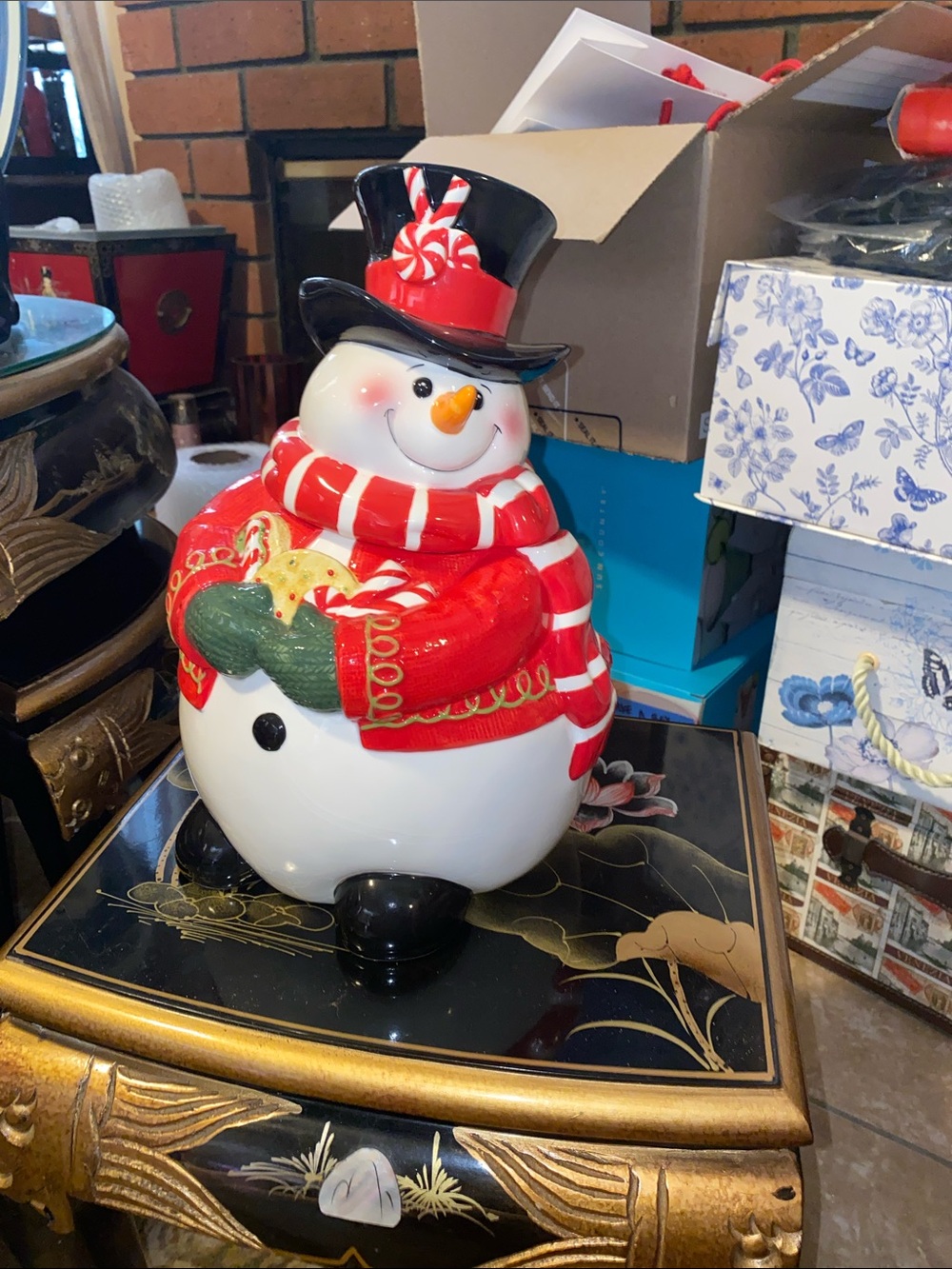 Fitz and Floyd Red, White and Black Festive Snowman Ceramic Cookie Jar
